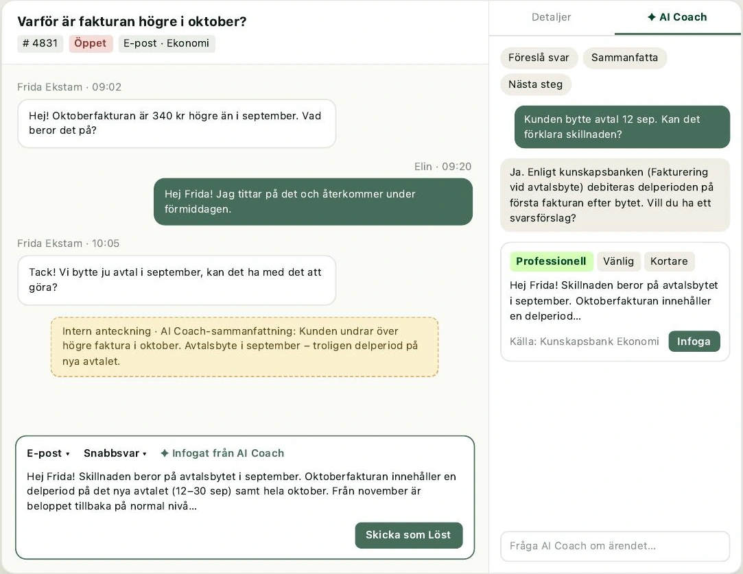 AI Coach i ärendets sidopanel: fråga om faktura, svarsförslag med kunskapskälla, val av ton och infoga-knapp.